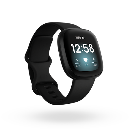 Fitbit Versa 3 smartwatch showing the clock home screen